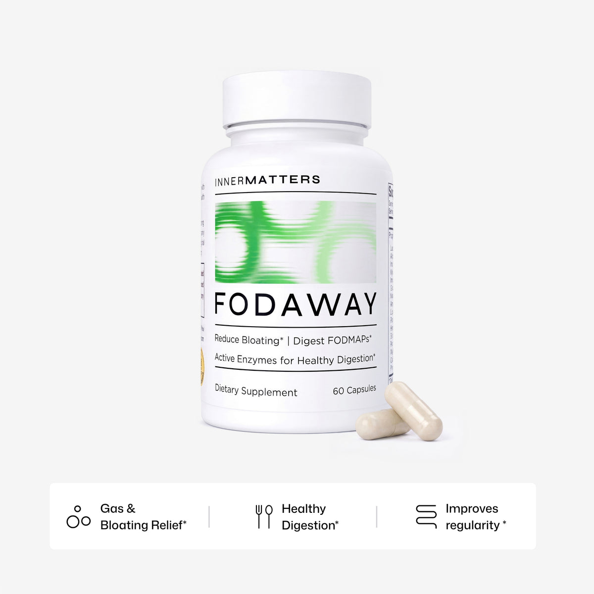A white bottle of InnerMatters FODAWAY dietary supplement capsules with two beige capsules placed in front, on a light gray background with a feature summary banner at the bottom.